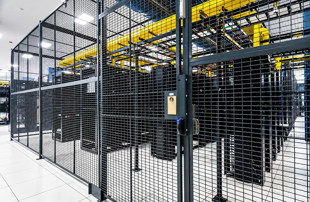 Black metal mesh partition security cage for data center server racks with electronic access control door and modular frame